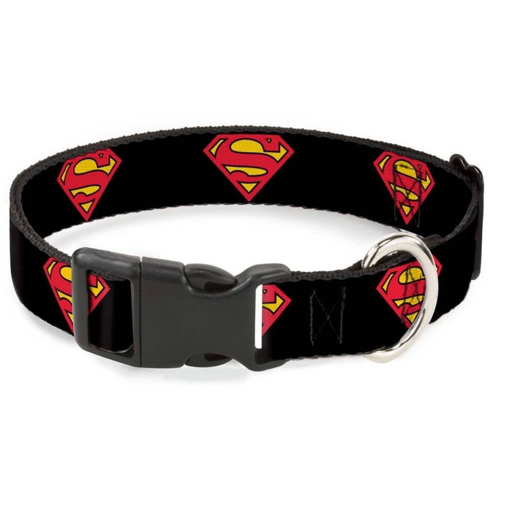 Buckle-Down Superman Shield Black Plastic Clip Collar, Narrow Medium/7-13"